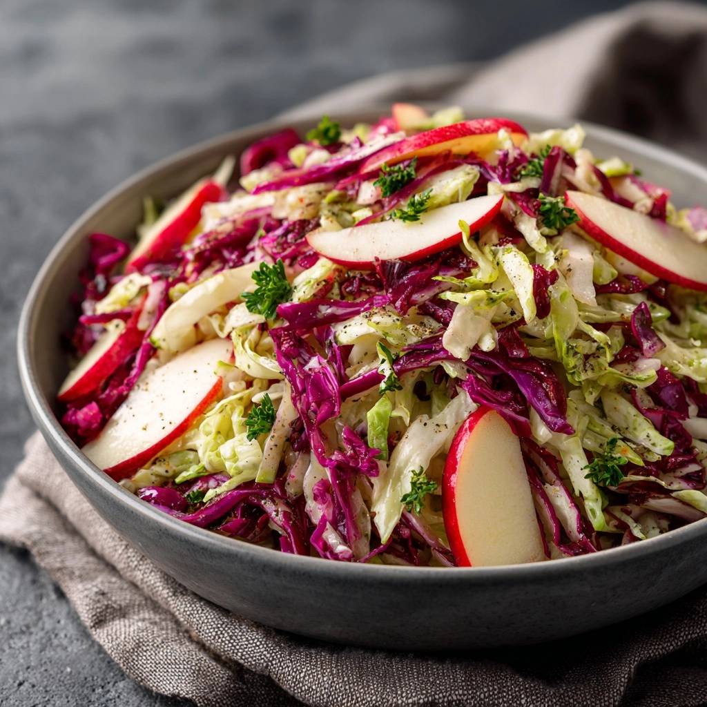 Knackiger Apfel-Rotkohl-Salat in einer Schüssel mit Apfelscheiben und Petersilie, Nahaufnahme.