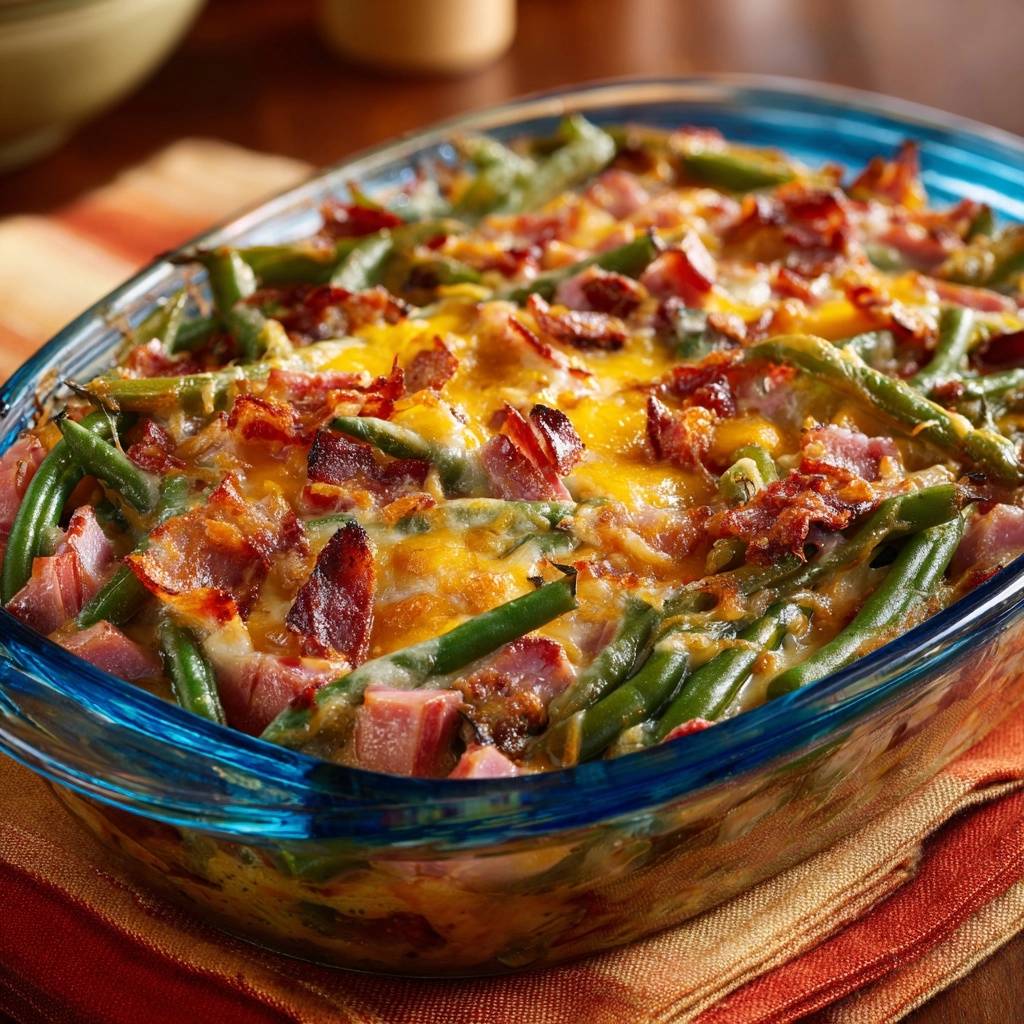Knackiger Bohnen-Auflauf mit Bacon und Schinken, eine Nahaufnahme des überbackenen Gerichts im Glasauflaufform.