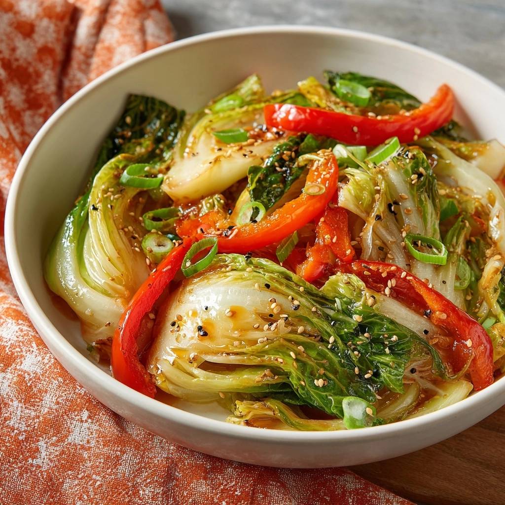 Knackiger Bok-Choy-Paprika-Wok, garniert mit Sesam und Frühlingszwiebeln, in einer Schüssel serviert.