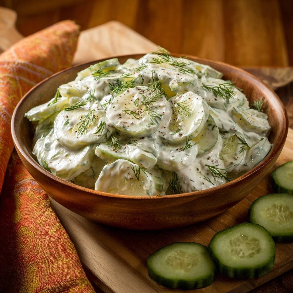 Knackiger Dillgurken-Salat in einer Holzschale, mit Dill und Pfeffer garniert, Nahaufnahme der cremigen Salattextur.