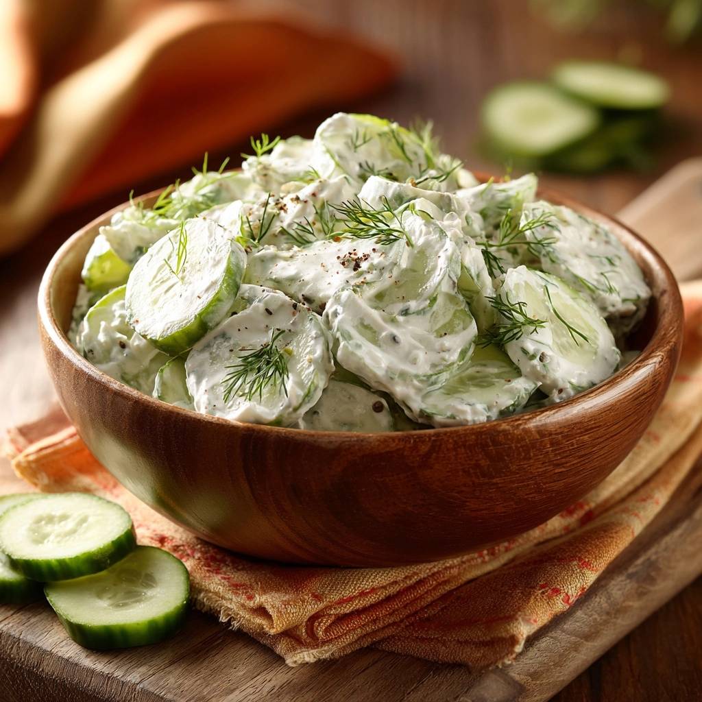 Knackiger Dillgurken Salat Nahaufnahme Schuessel 1 Knackiger Dillgurken-Salat serviert in einer Holzschüssel, nahaufnahme der cremigen Konsistenz und frischen Dillgarnitur.