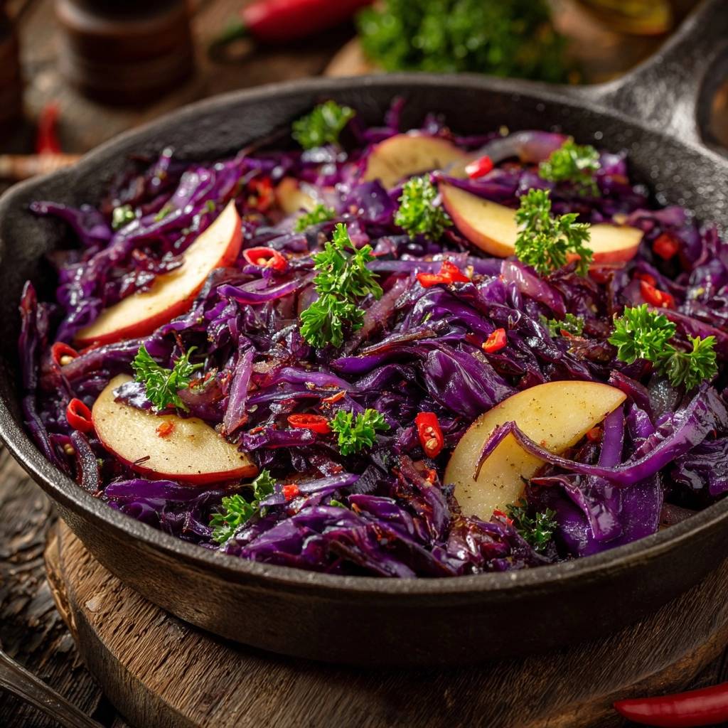 Knackiger Pfannen Rotkohl Mit Apfel Detail 1 Knackiger Pfannen-Rotkohl mit Apfel, detailliert in einer gusseisernen Pfanne mit Petersilie und Chilistücken garniert.
