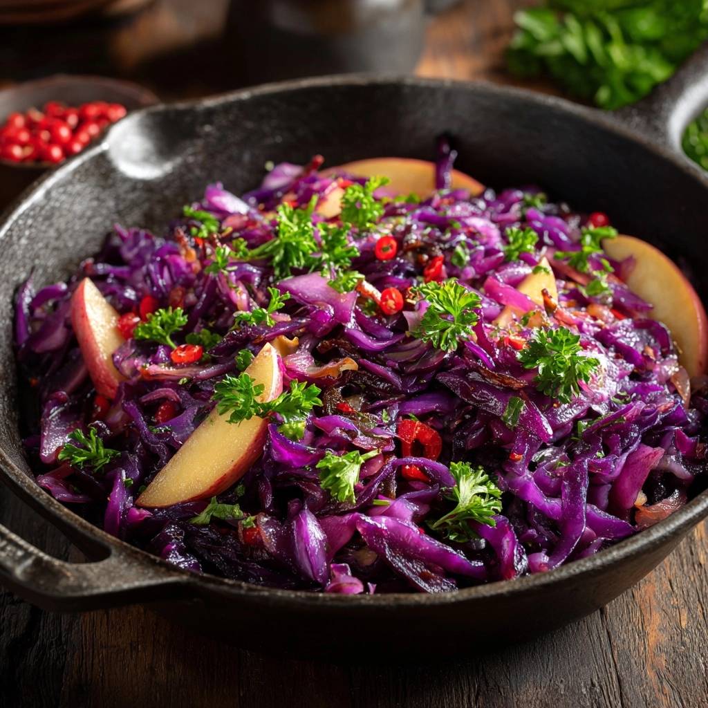 Knackiger Pfannen-Rotkohl mit Apfel und Granatapfel, detailreiche Nahaufnahme in gusseiserner Pfanne mit Petersilie und Chili.