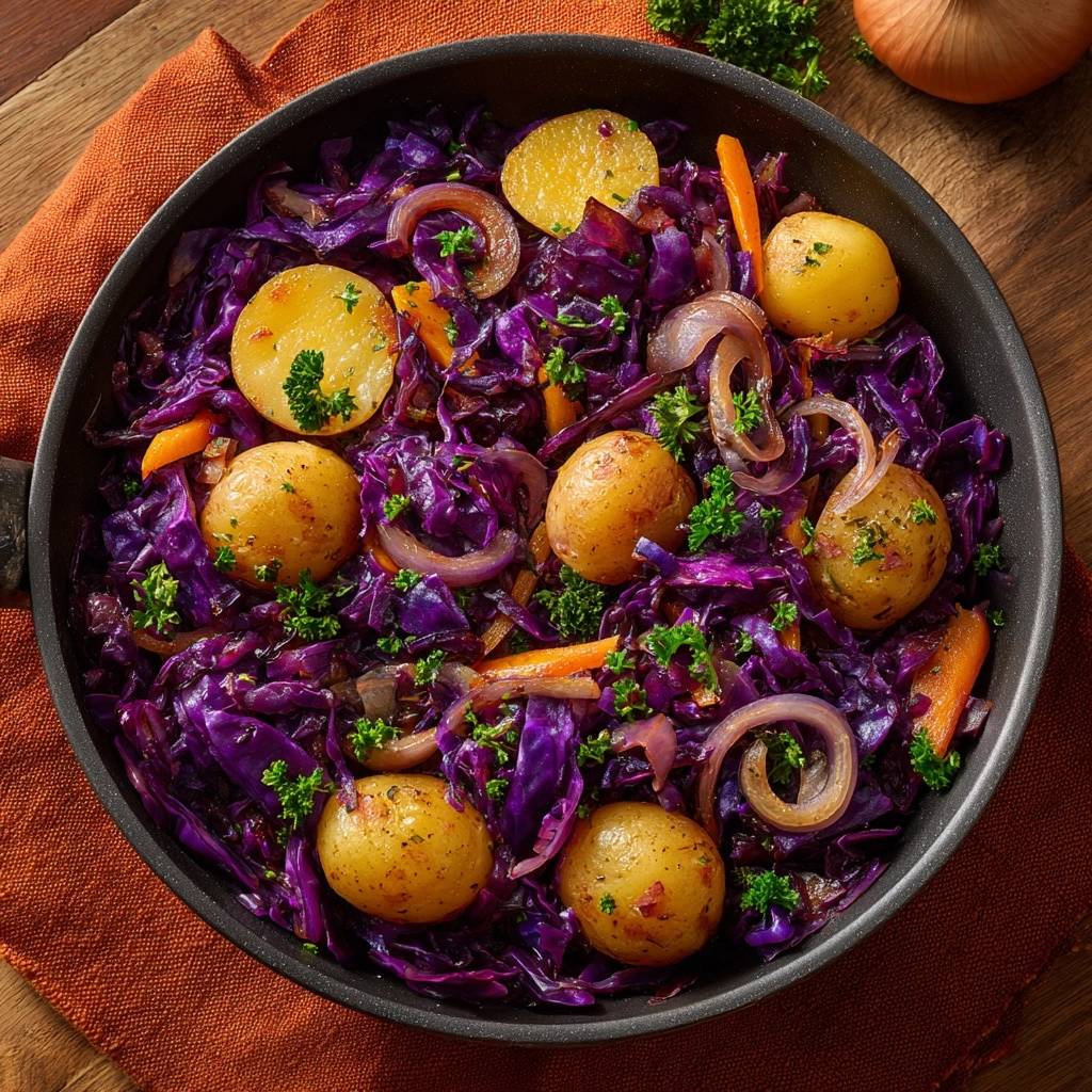 Knackiger Rotkohl mit Kartoffeln & Karotten als Draufsicht in einer Pfanne mit frischer Petersilie garniert.