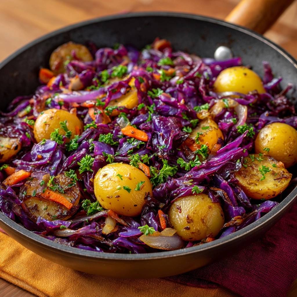 Knackiger Rotkohl mit Kartoffeln & Karotten, frisch zubereitet in einer Pfanne mit Petersilie garniert.
