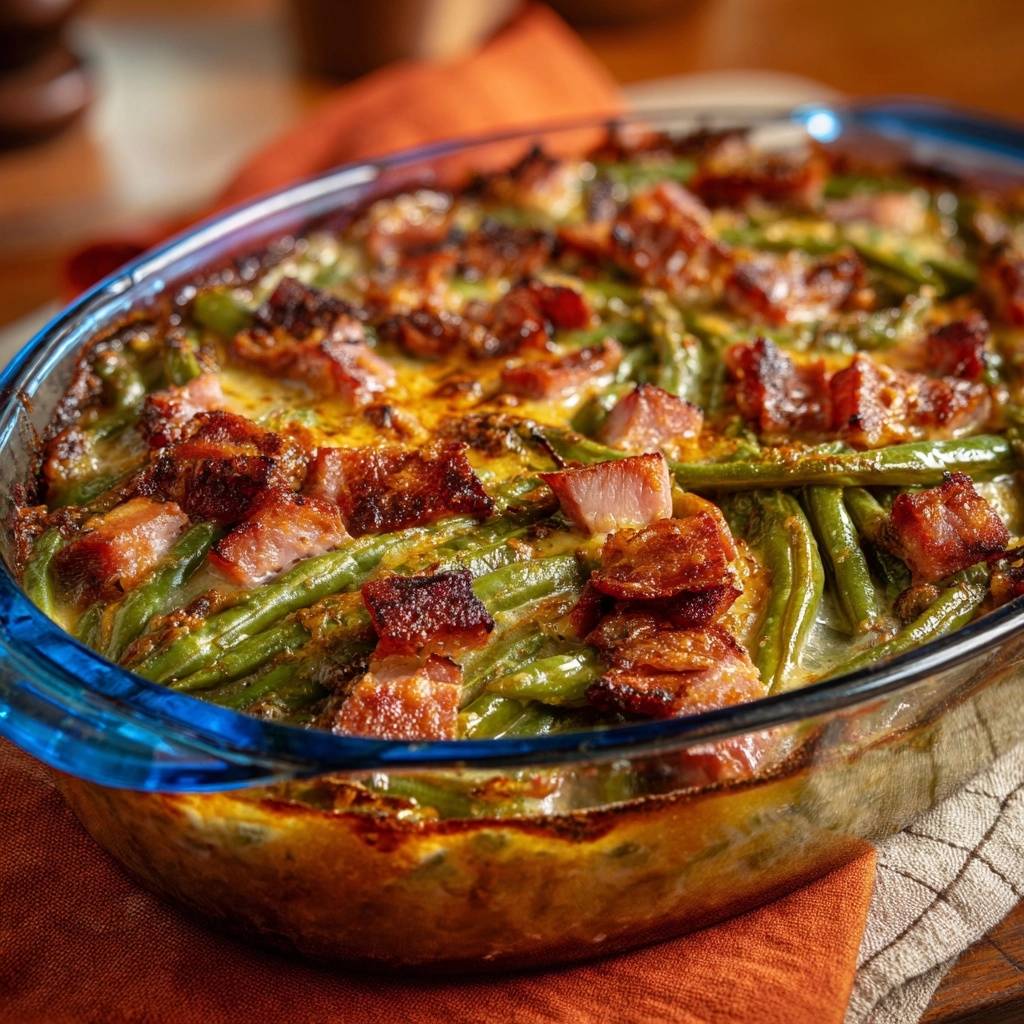 Knakiger Bohnen Auflauf Detail Schinken 1 Knackiger Bohnen-Auflauf mit Bacon und Schinken, nahaufnahme der gebackenen grünen Bohnen und Speckwürfel