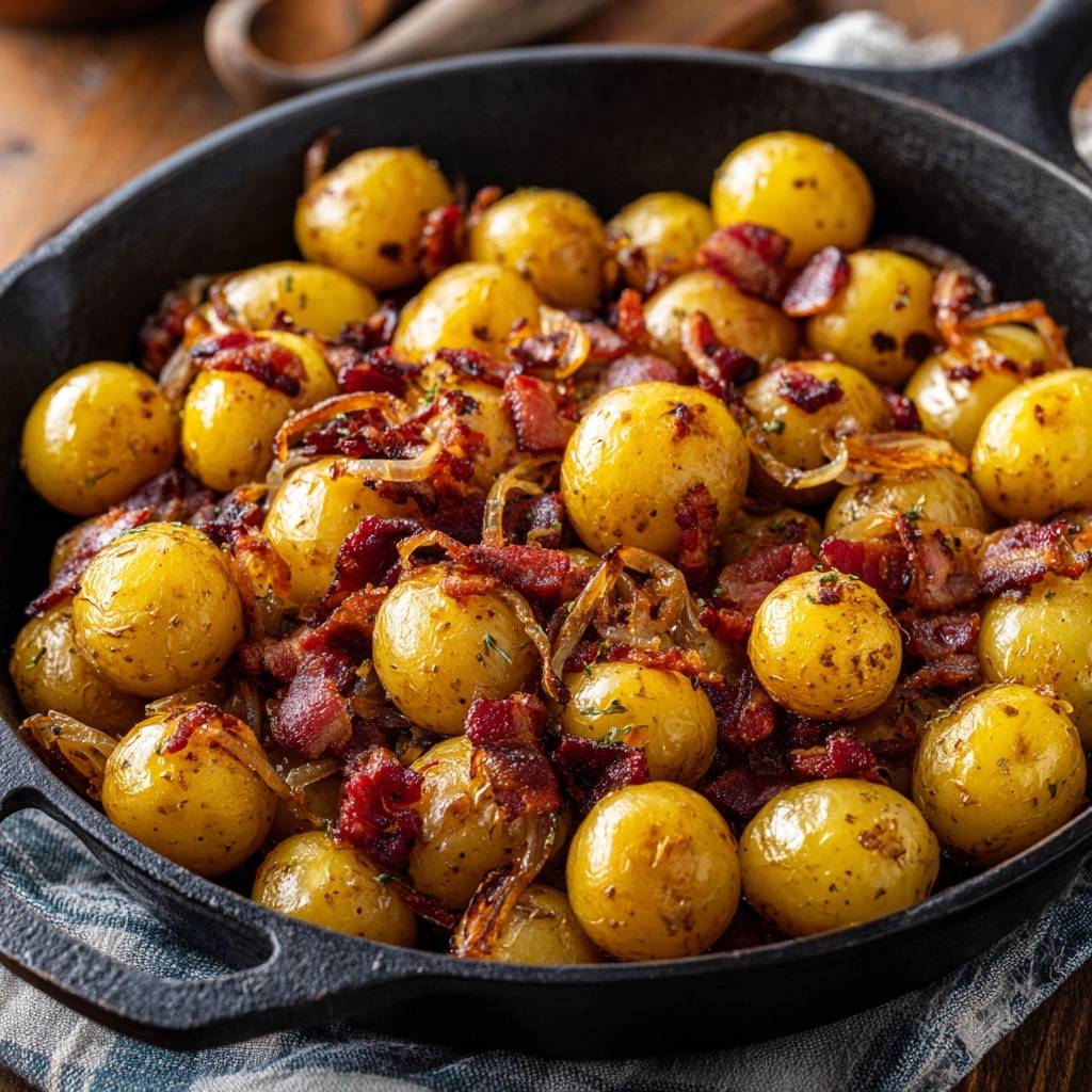 Knusprige Babykartoffeln Mit Speck Nahaufnahme 1 Knusprige Babykartoffeln mit Speck und Zwiebeln in einer gusseisernen Pfanne, detailreiche Nahaufnahme.