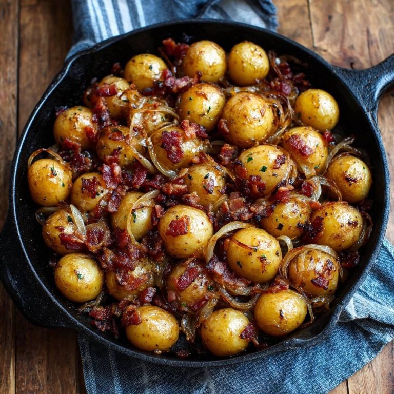 Knusprige Babykartoffeln mit Speck und Zwiebeln serviert in einer schwarzen Schmiedeeisenpfanne auf Holzhintergrund.