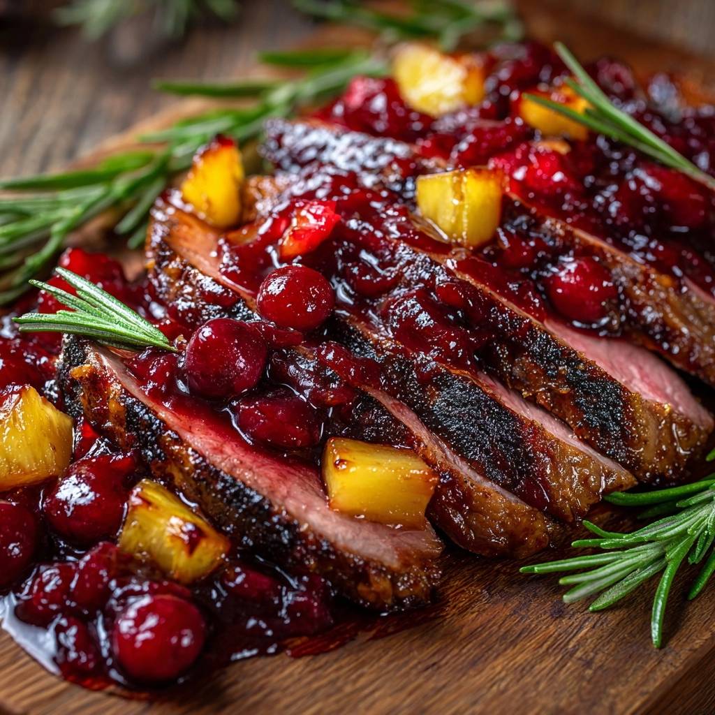Knusprige Entenbrust Cranberry Ananas Kompott Angeschnitten 1 Knusprige Entenbrust mit Cranberry-Ananas-Kompott, angeschnitten und mit Rosmarin garniert, zeigt das saftige Innere.