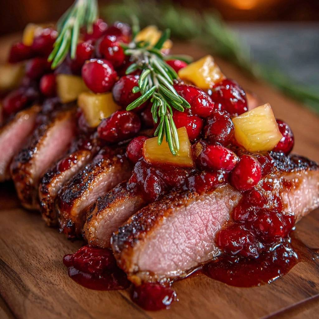 Knusprige Entenbrust mit Cranberry-Ananas-Kompott, nahaufnahme der angeschnittenen Scheiben mit fruchtiger Sauce und Rosmarin.