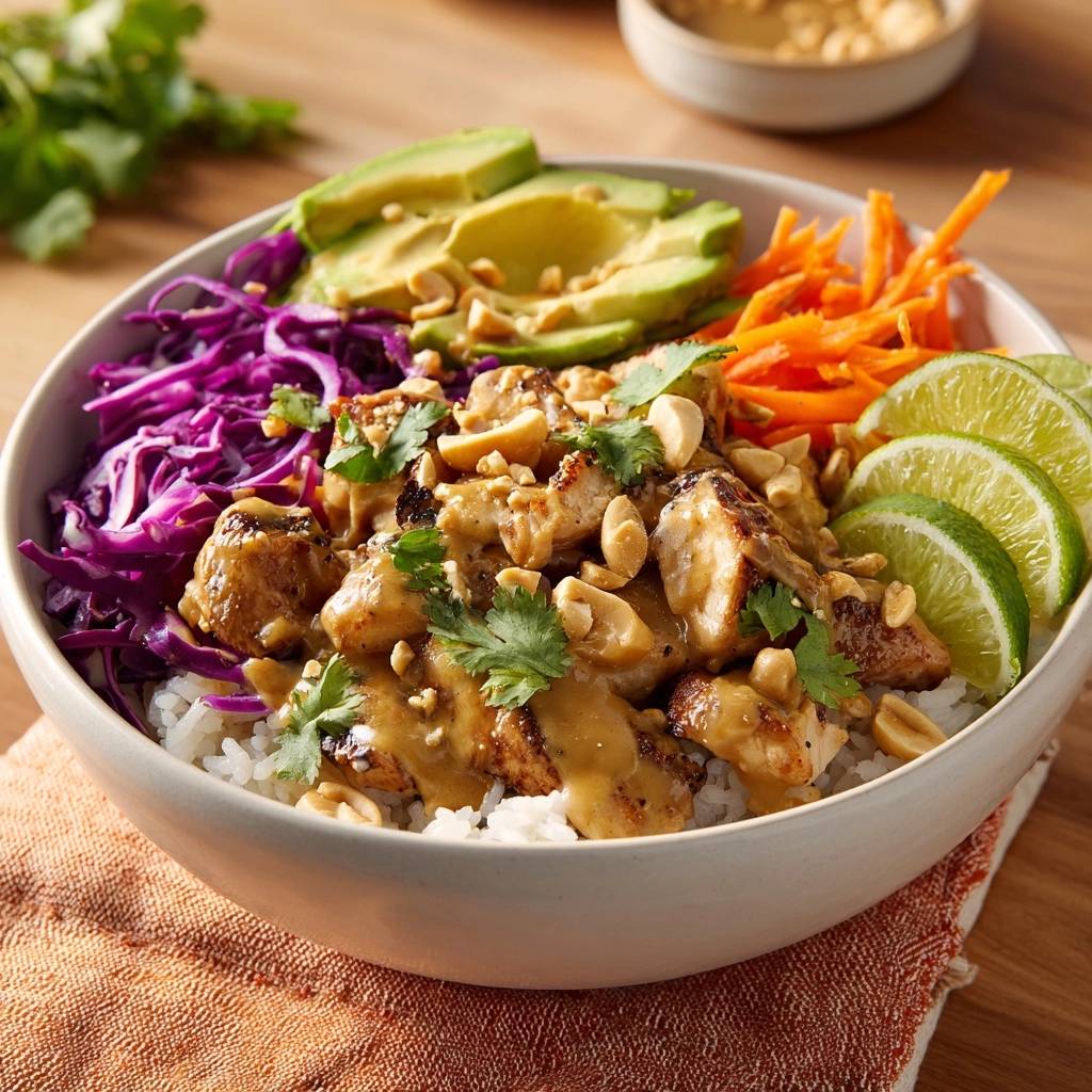 Knusprige Erdnuss-Tofu-Bowl mit Avocado, Rotkohl und Karotten, garniert mit Erdnüssen und Koriander.