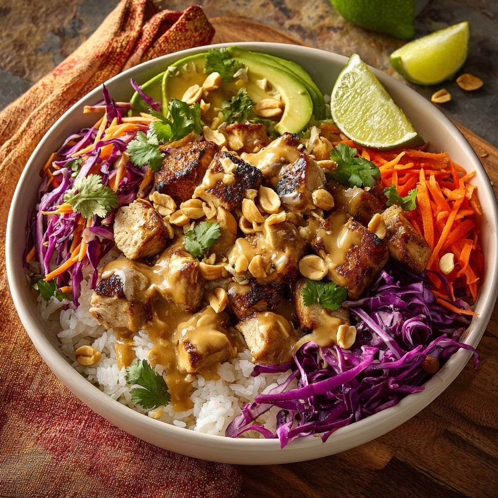 Knusprige Erdnuss-Tofu-Bowl mit cremiger Erdnusssauce und frischem Gemüse, Nahaufnahme mit detailreicher Sauce.
