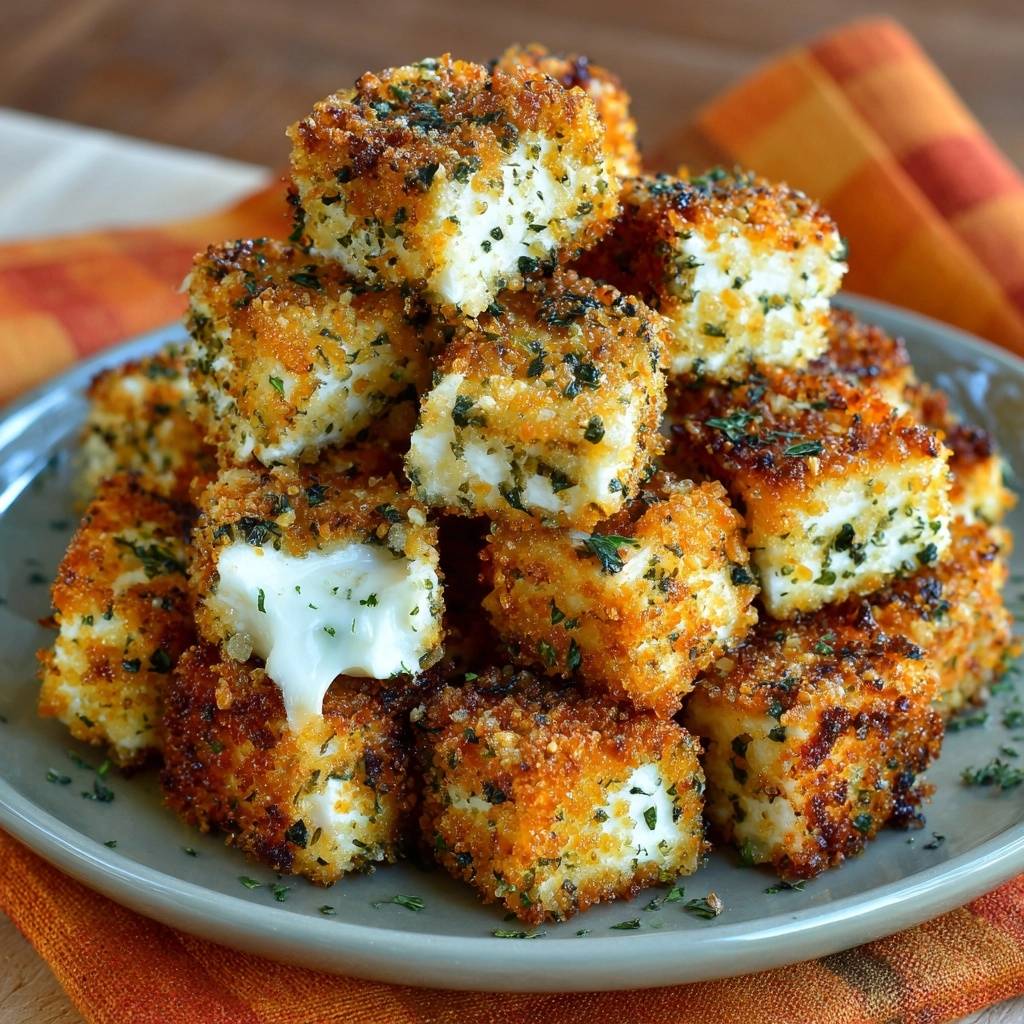 Knusprige Halloumi Bites Innenansicht 1 Knusprige Kräuter-Halloumi-Bites mit geschmolzenem Käse im Anschnitt, die auf einem Teller gestapelt sind.
