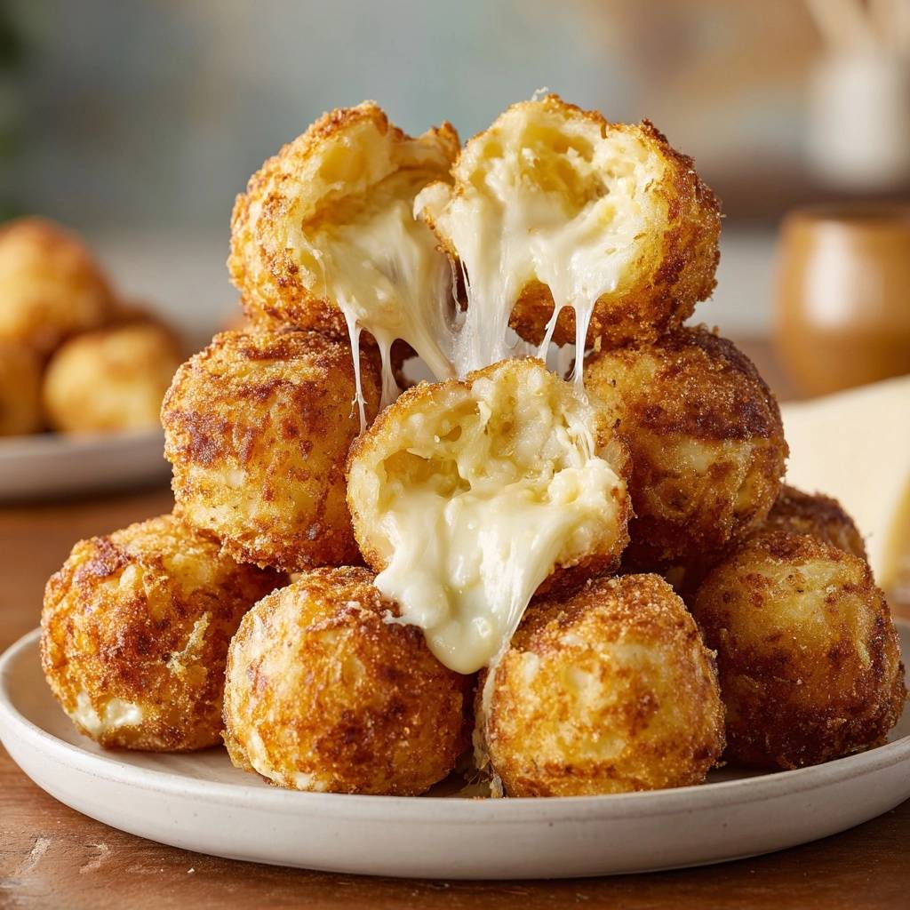 Knusprige Käse-Kartoffelbällchen mit geschmolzenem Käse im Anschnitt, die aus einem Stapel herausquellen.