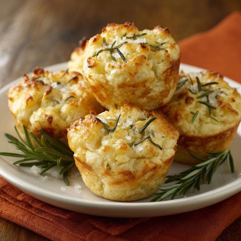 Knusprige Käse-Rosmarin-Muffins nah aufgenommen mit frischem Rosmarin und grobem Meersalz garniert auf einem Teller.