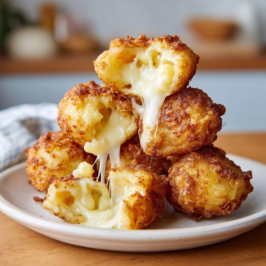 Knusprige Käse-Kartoffelbällchen angeschnitten, die den geschmolzenen Käse im Inneren zeigen.