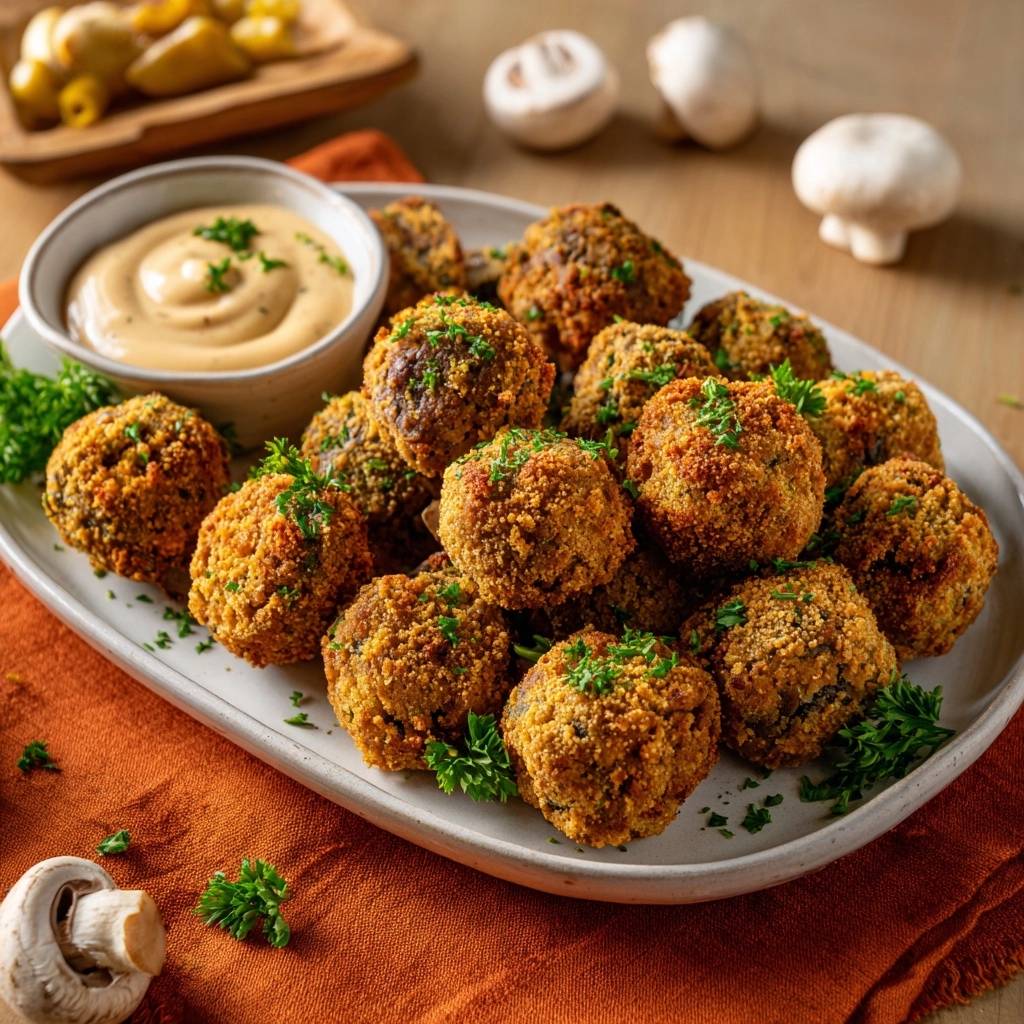 Knusprige Pilz Arancini Garniert Mit Kraeutern 1 Knusprige Pilz-Arancini garniert mit frischen Kräutern, serviert mit Dip auf einem Teller