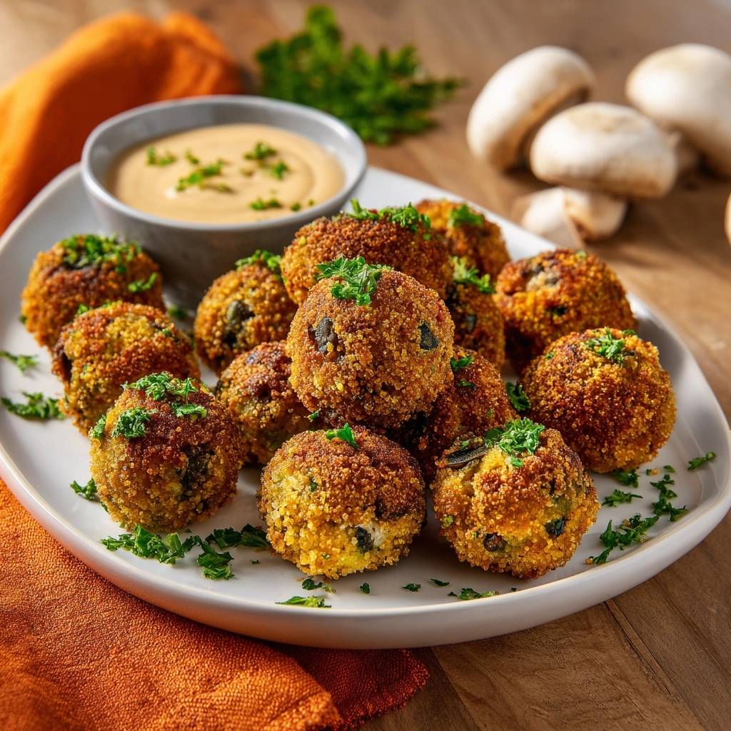 Knusprige Pilz-Arancini garniert mit frischer Petersilie auf einem Teller mit Dip
