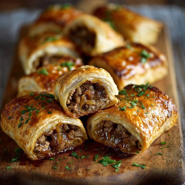 Knusprige Sausage Rolls angeschnitten, zeigen das herzhafte Innere und die goldbraune Blätterteighülle.