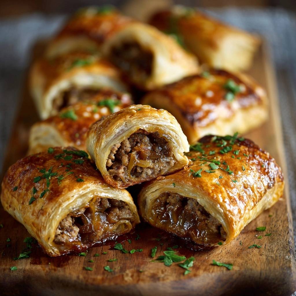 Knusprige Sausage Rolls angeschnitten, zeigen das herzhafte Innere und die goldbraune Blätterteighülle.
