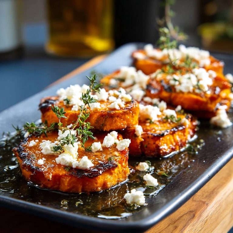 Knusprige Süßkartoffelscheiben mit Feta und Thymian, detailnah mit zerbröseltem Feta und frischem Thymian garniert.