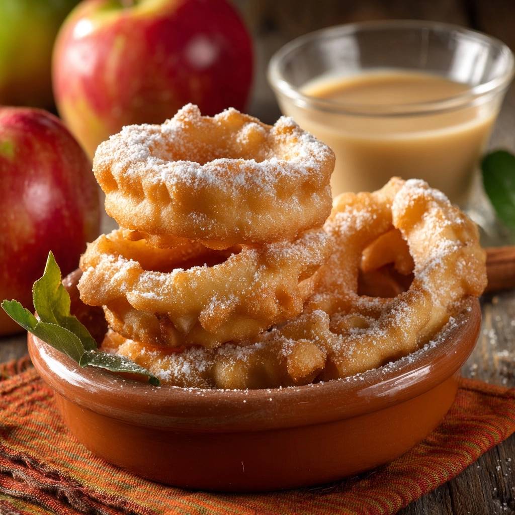 Knusprige Zimt Churros Mit Vanille Dip Detail 1 Knusprige Zimt-Churros mit Vanille-Dip, hier als Nahaufnahme gestapelt und mit Puderzucker bestäubt.