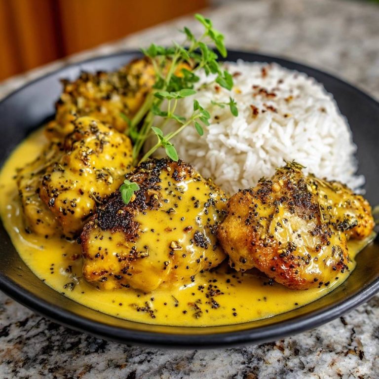 Knuspriger Blumenkohl-Curry mit Basmatireis, serviert mit cremiger gelber Sauce und garniert mit frischen Kräutern.