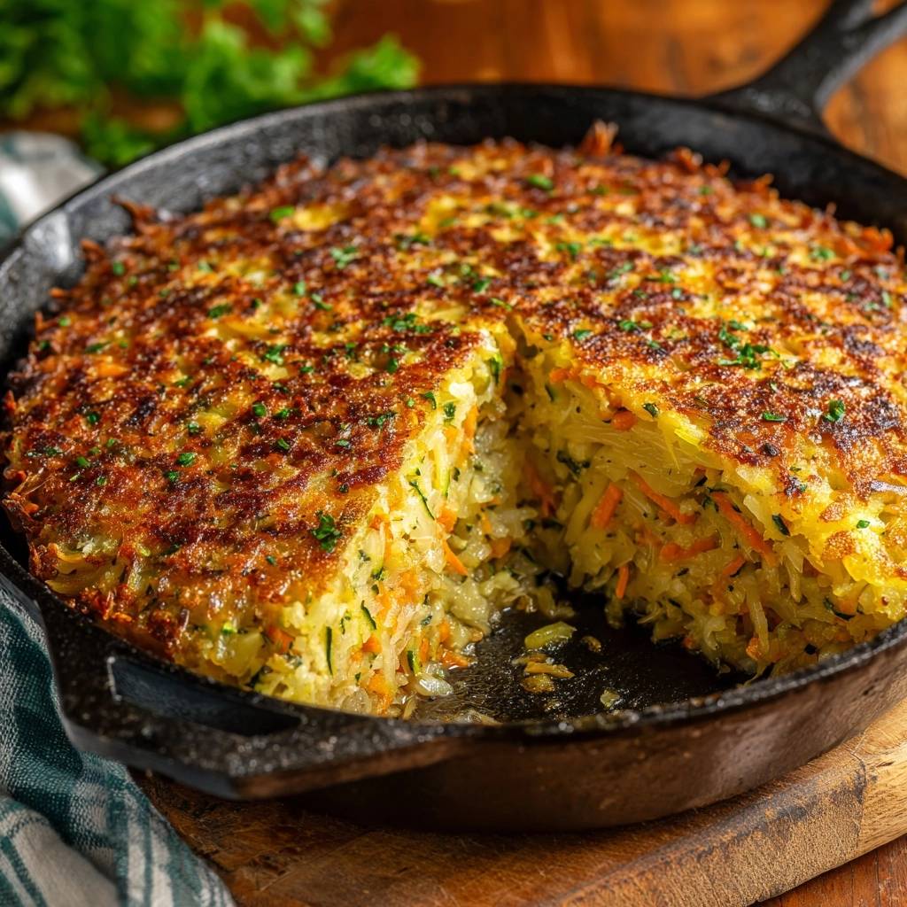 Knuspriger Blumenkohl-Reis-Auflauf, angeschnitten in einer gusseisernen Pfanne, zeigt die goldbraune Kruste und das Innere.