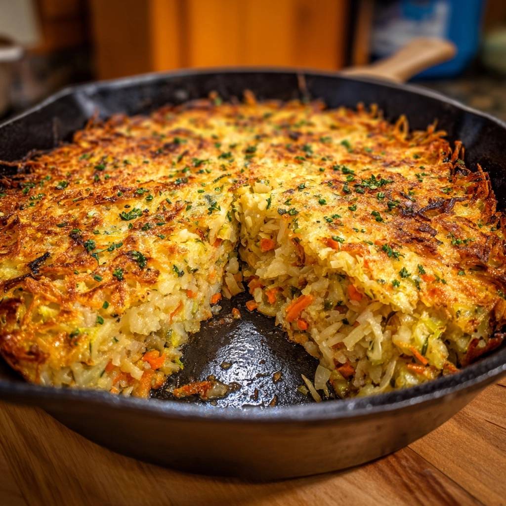 Knuspriger Blumenkohl-Reis-Auflauf im Anschnitt, der die saftige Füllung mit Karotten und Kräutern zeigt.