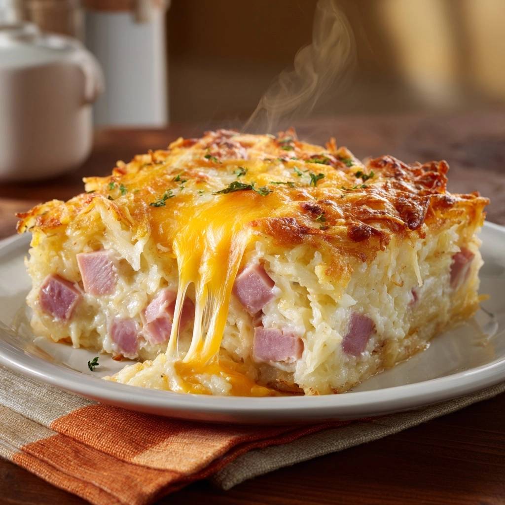 Knuspriger Hähnchen-Nudelauflauf angeschnitten auf einem Teller mit geschmolzenem Käse und Dampf.