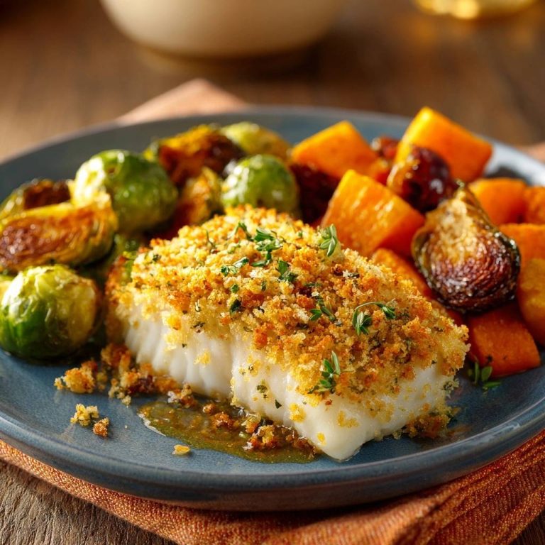 Knuspriger Kräuterfisch mit Rosenkohl und Süßkartoffeln, nahaufnahme der panierten Fischseite mit frischen Kräutern garniert.