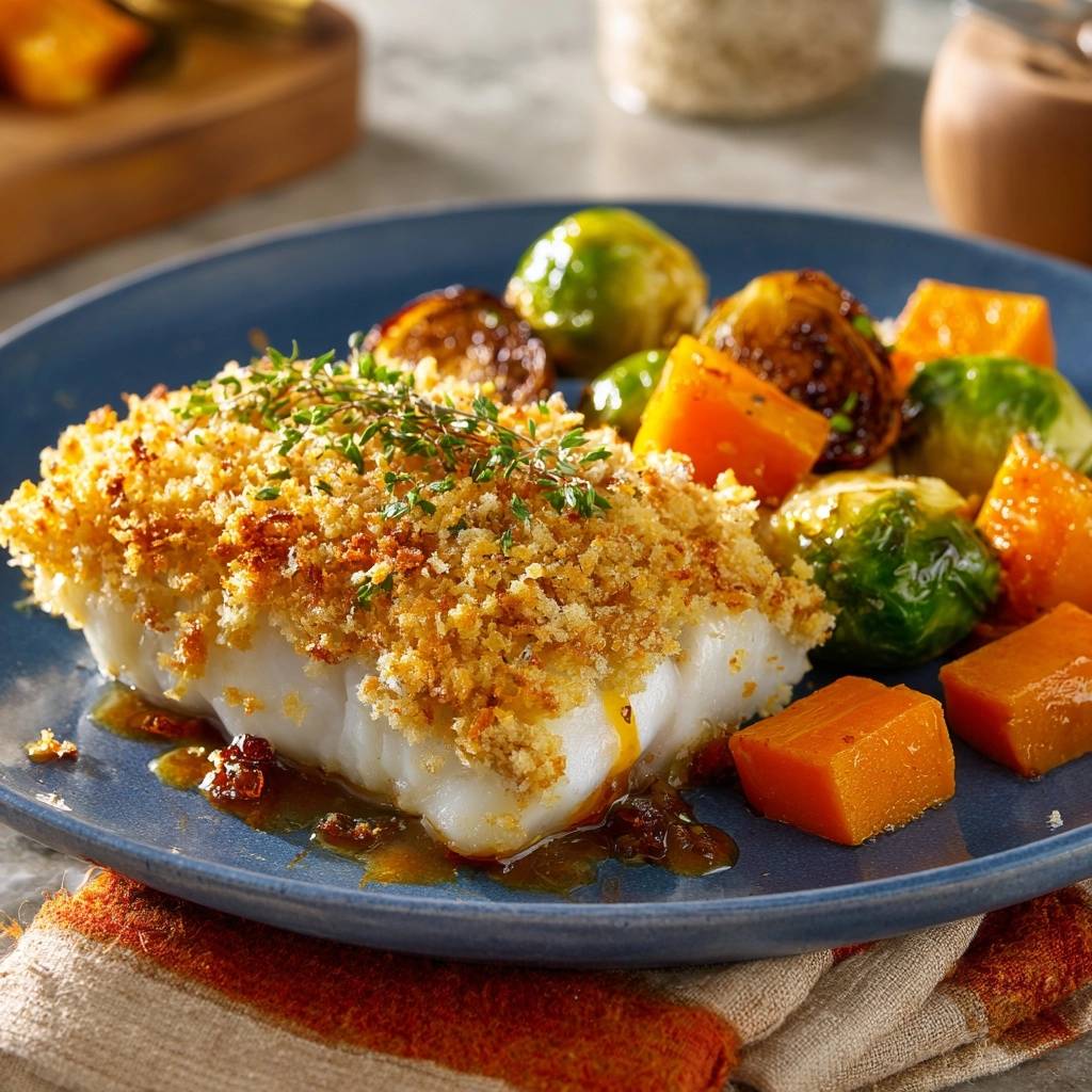 Knuspriger Kraeuterfisch Serviert Mit Gemuese 1 Knuspriger Kräuterfisch mit Rosenkohl und Süßkartoffeln, serviert auf einem blauen Teller mit einem Streifenmuster-Tuch.