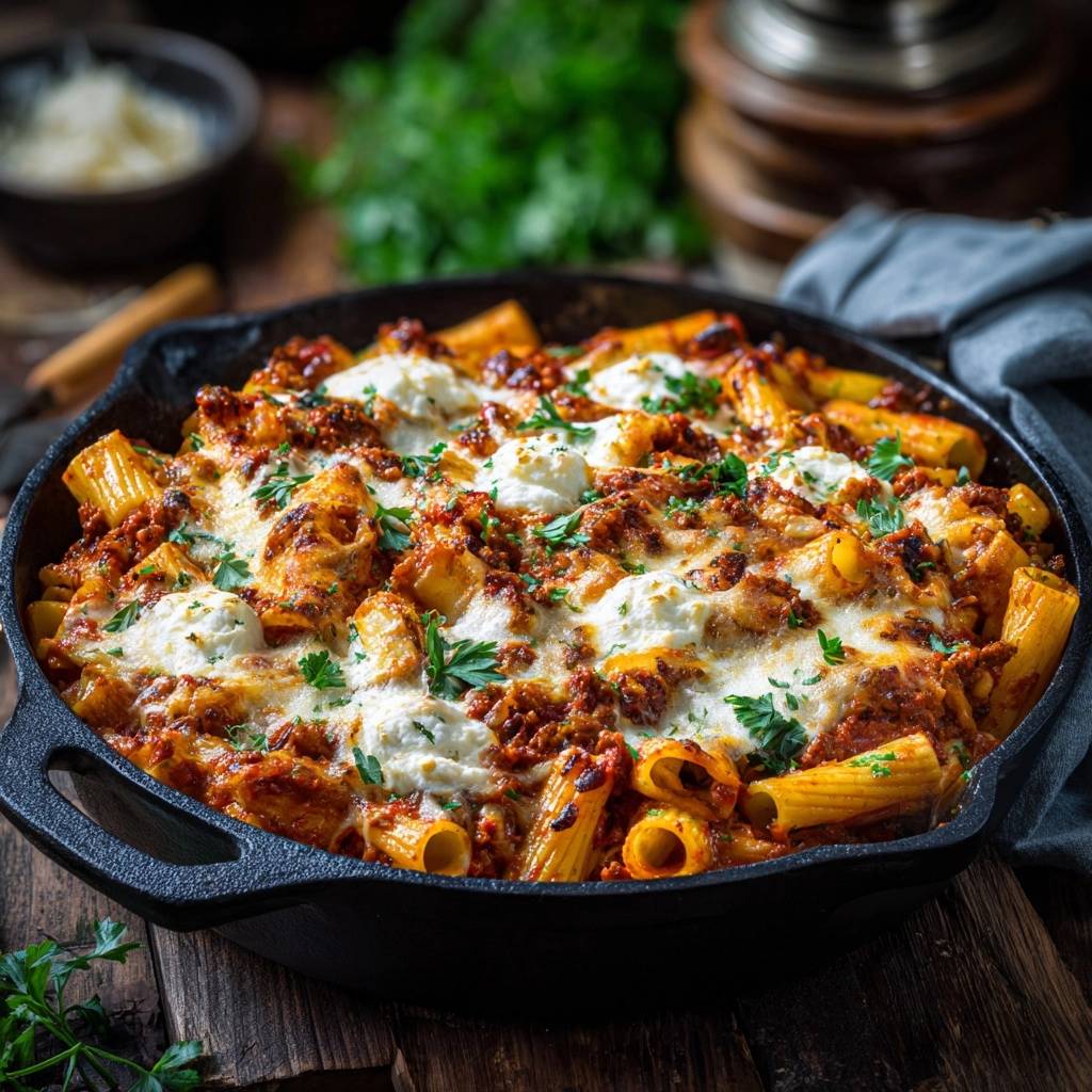 Knuspriger Rigatoni-Auflauf mit Hackfleisch in einer Gusseisenpfanne mit geschmolzenem Käse und frischer Petersilie garniert.