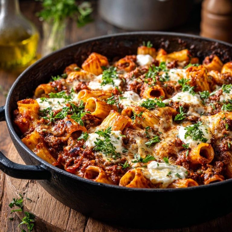 Knuspriger Rigatoni-Auflauf mit Hackfleisch als Nahaufnahme im schwarzen Topf, mit geschmolzenem Käse und frischer Petersilie garniert.