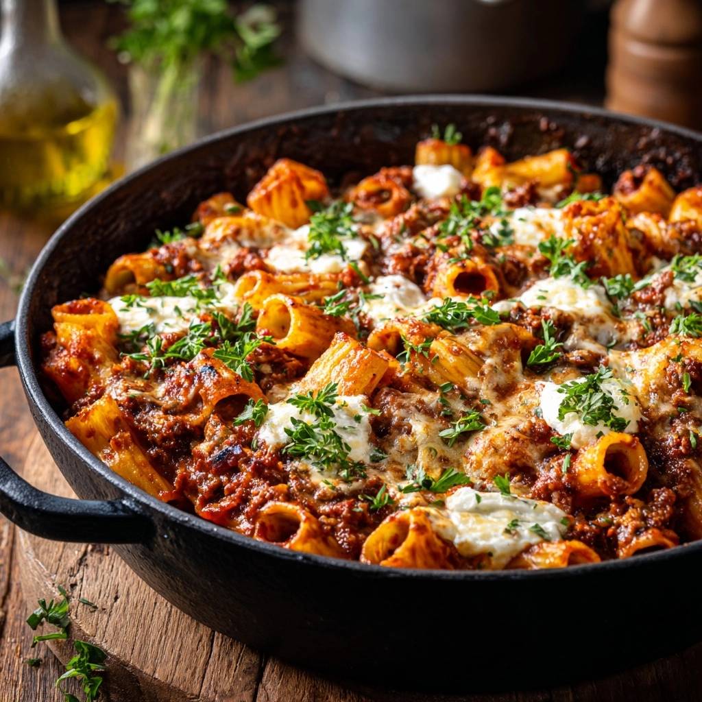 Knuspriger Rigatoni-Auflauf mit Hackfleisch als Nahaufnahme im schwarzen Topf, mit geschmolzenem Käse und frischer Petersilie garniert.