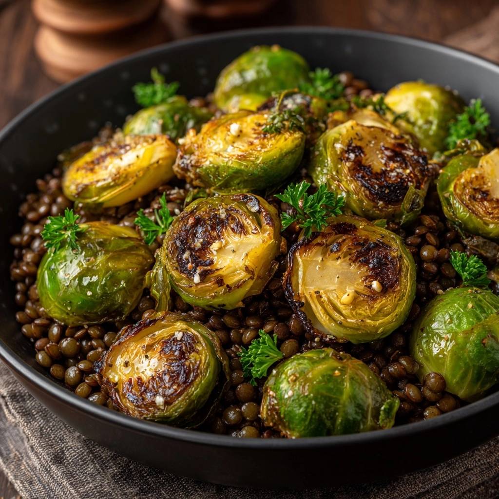 Knuspriger Rosenkohl mit Linsen, eine Nahaufnahme eines gerösteten Rosenkohls mit sichtbaren geschichteten Blättern und Gewürzen.