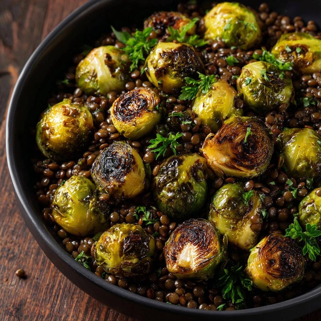 Knuspriger Rosenkohl mit Linsen, eine Nahaufnahme des angerichteten Gerichts mit frischer Petersilie garniert.
