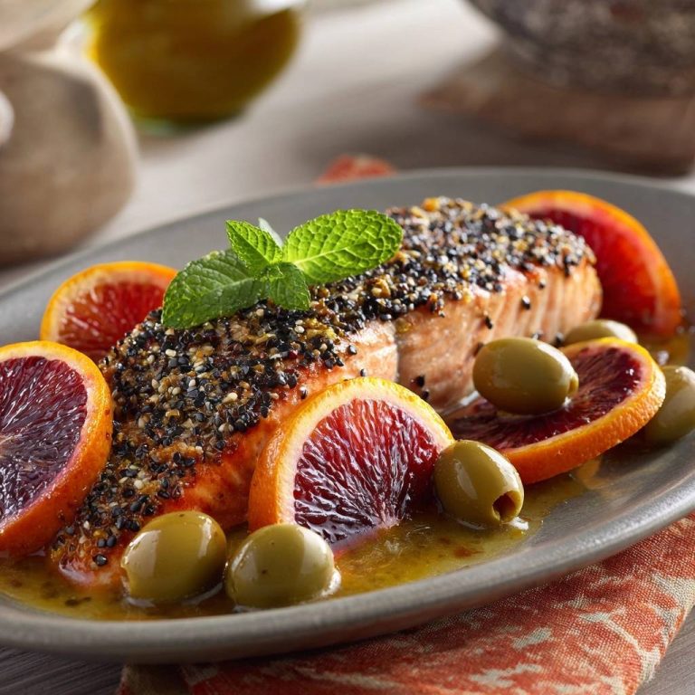 Knuspriger Sesam-Lachs mit Blutorange, nahaufnahme mit Oliven und Minze garniert, auf einem Teller serviert.