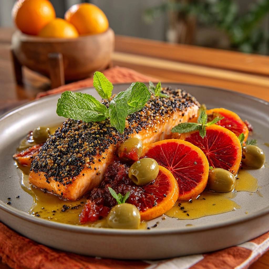 Knuspriger Sesam-Lachs mit Blutorange, auf einem Teller mit Oliven und Minze serviert, Nahaufnahme der Textur