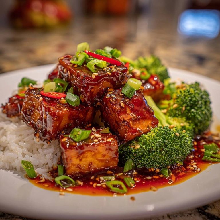 Knuspriger Teriyaki-Tofu mit Brokkoli, serviert auf Reis und garniert mit Frühlingszwiebeln und Chili.