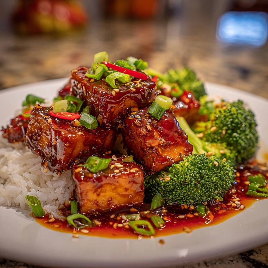 Knuspriger Teriyaki-Tofu mit Brokkoli, serviert auf Reis und garniert mit Frühlingszwiebeln und Chili.