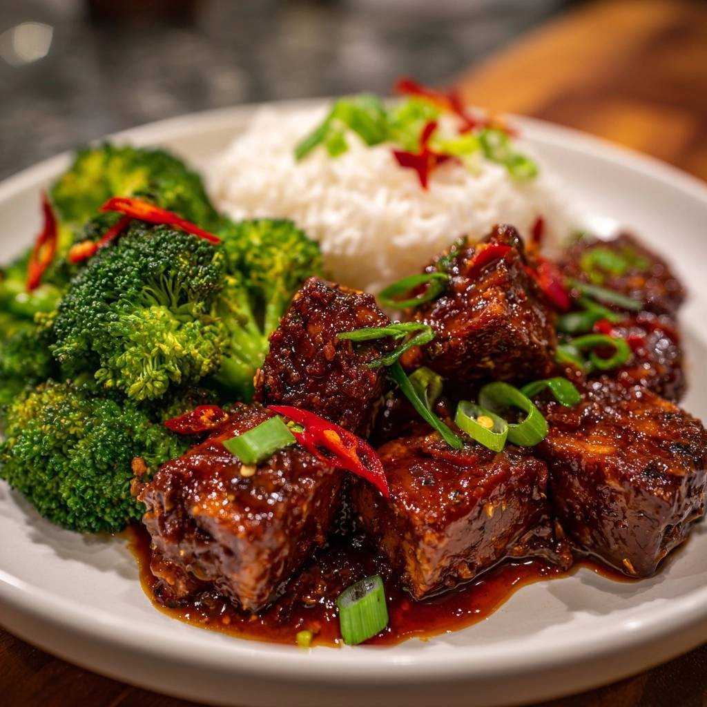 Knuspriger Teriyaki Tofu Serviert Teller 1 Knuspriger Teriyaki-Tofu mit Brokkoli, serviert auf einem Teller mit Reis und Garnitur.