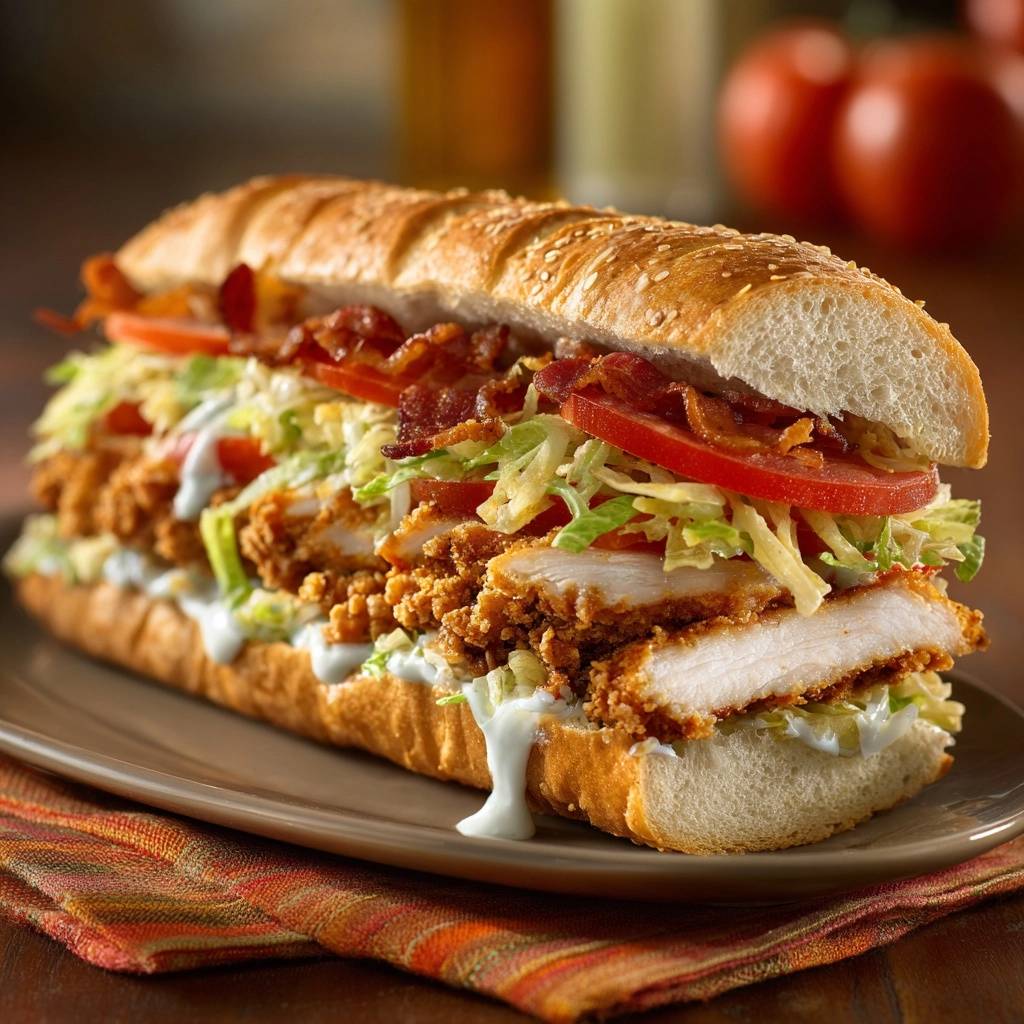 Knuspriges Haehnchen Bacon Sandwich Angeschnitten 1 Knuspriges Hähnchen-Bacon-Sandwich mit Coleslaw, angeschnitten und mit viel Sauce serviert auf einem Teller.