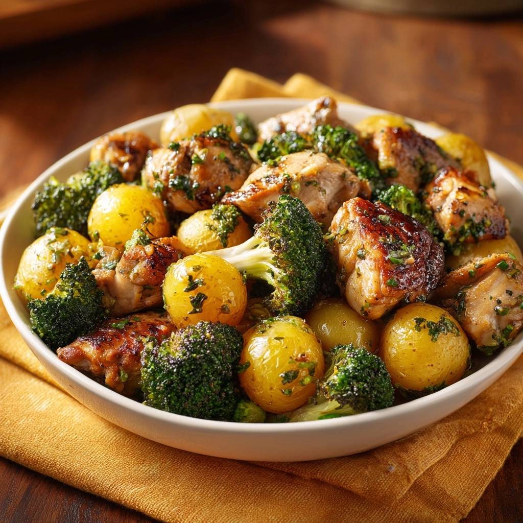Knuspriges Hähnchen mit Brokkoli und Babykartoffeln, serviert in einer Schüssel mit Kräutern garniert.