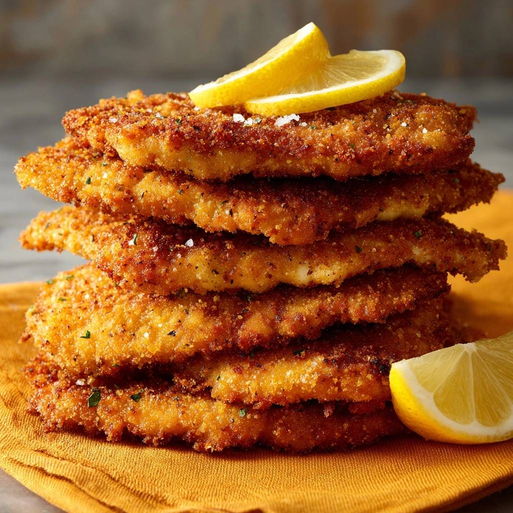 Knuspriges Hähnchenschnitzel gestapelt mit Zitrone, Nahaufnahme der goldbraunen Panade und saftigen Schnitzel.