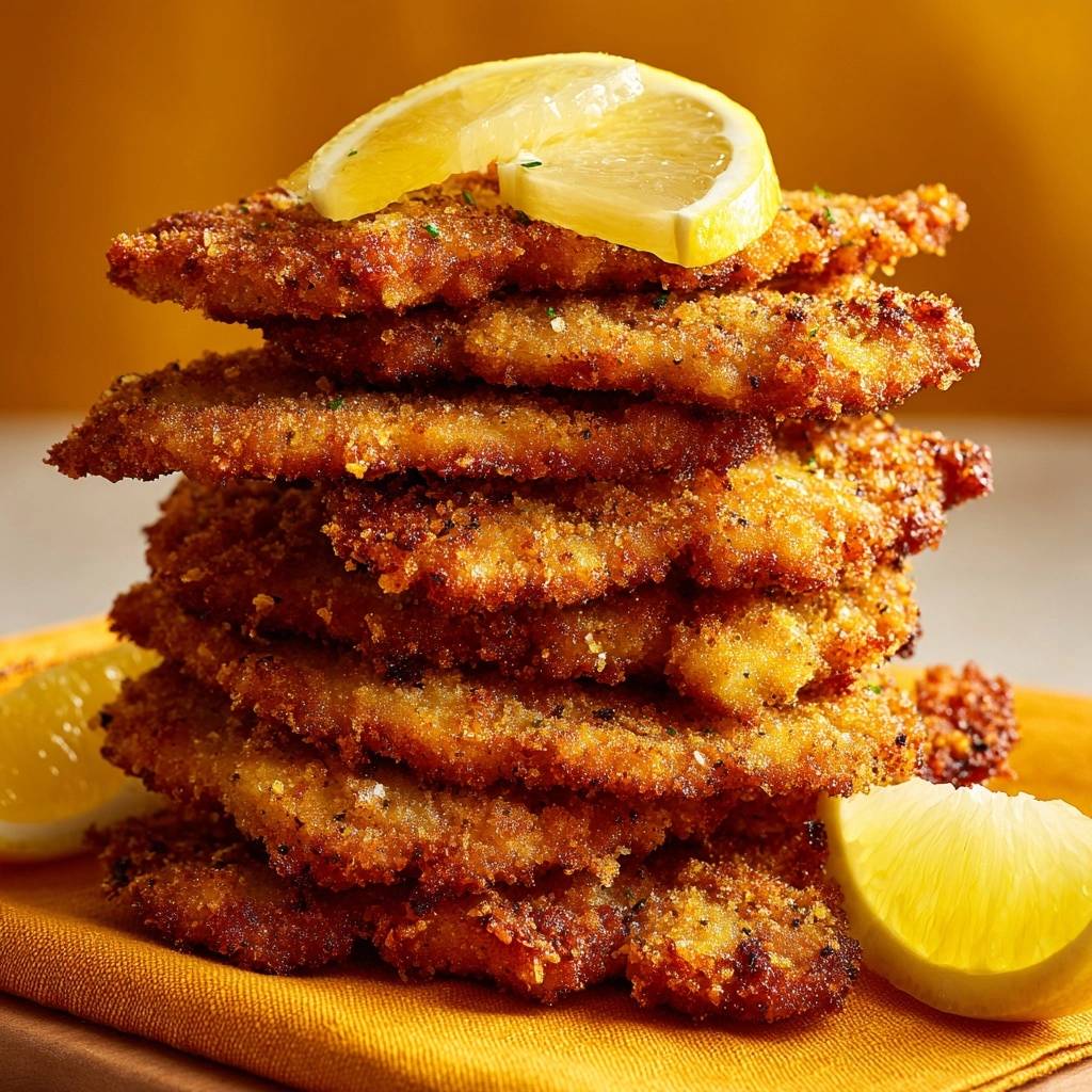 Knuspriges Hähnchenschnitzel gestapelt mit einer Zitronenspalte, die eine knusprige Panade zeigt.