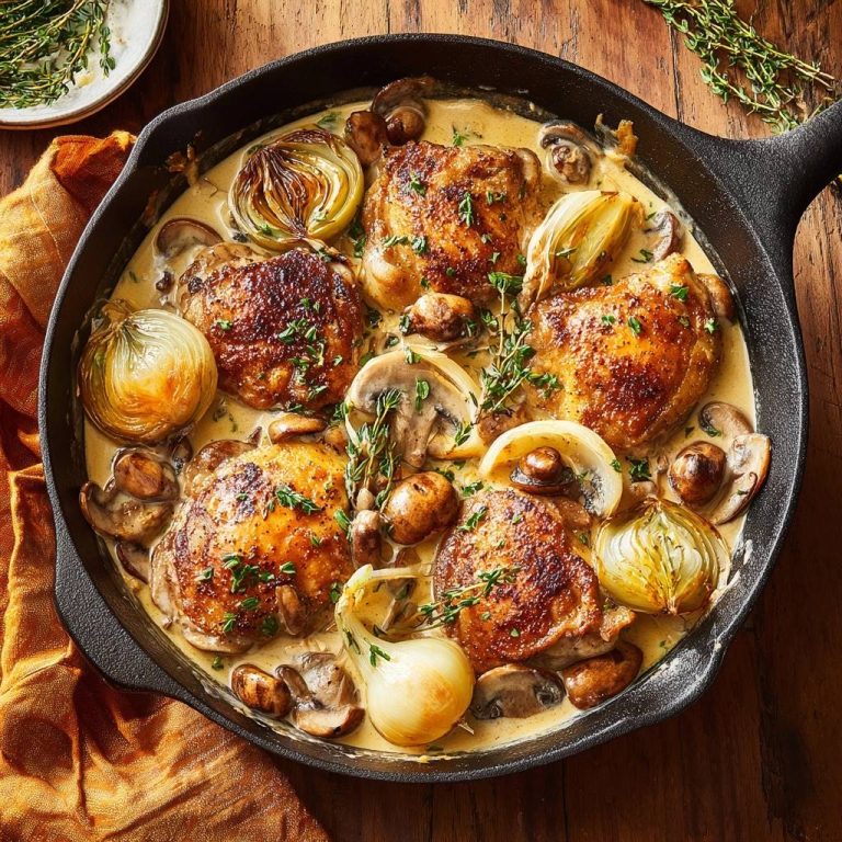 Knuspriges Hähnchen mit Champignons und Schalotten in Sahnesauce, serviert in einer gusseisernen Pfanne mit frischem Thymian garniert.