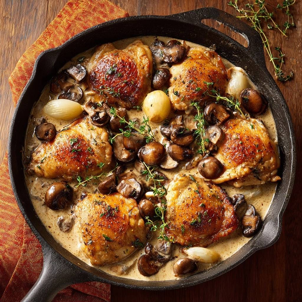 Knuspriges Hähnchen mit Champignons und Schalotten in Sahnesauce, in einer gusseisernen Pfanne mit frischen Kräutern garniert.