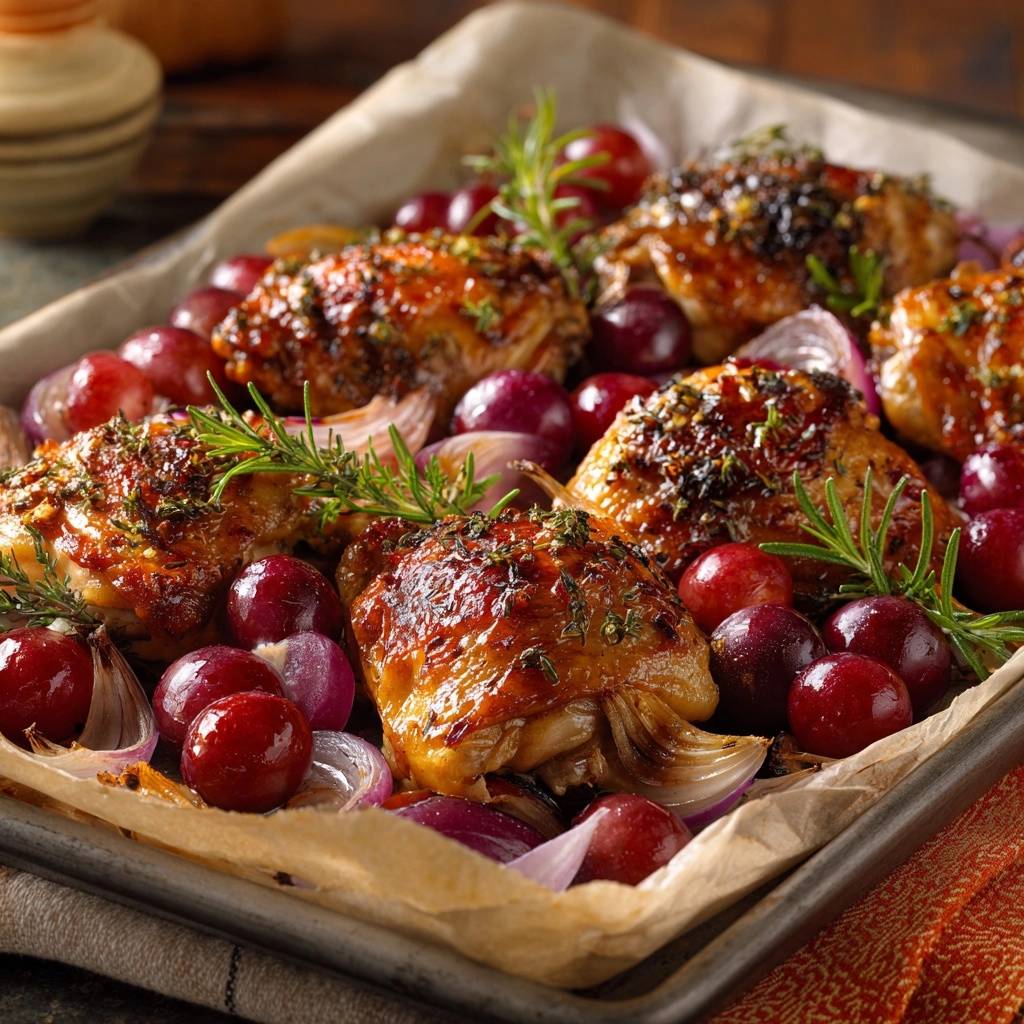 Knuspriges Ofenhhnchen Mit Trauben Rosmarin Auf Blech 1 Knuspriges Ofenhähnchen mit Trauben und Rosmarin auf einem Backblech mit roten Zwiebeln und Kräutern garniert.