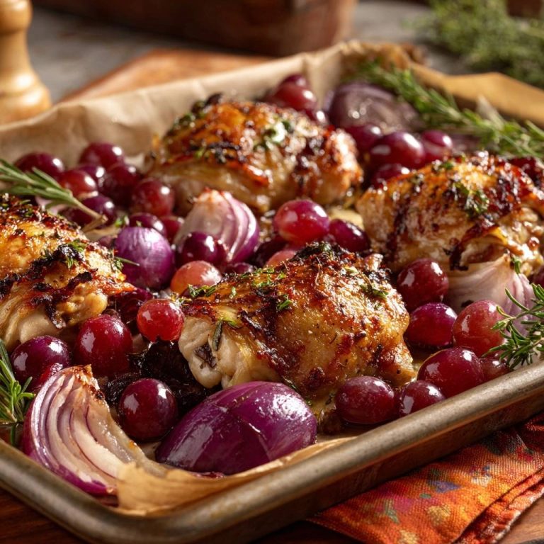 Knuspriges Ofenhähnchen mit Trauben und Rosmarin, nahaufnahme der gebratenen Hähnchenschenkel mit roten Zwiebeln und Rosmarinzweigen.